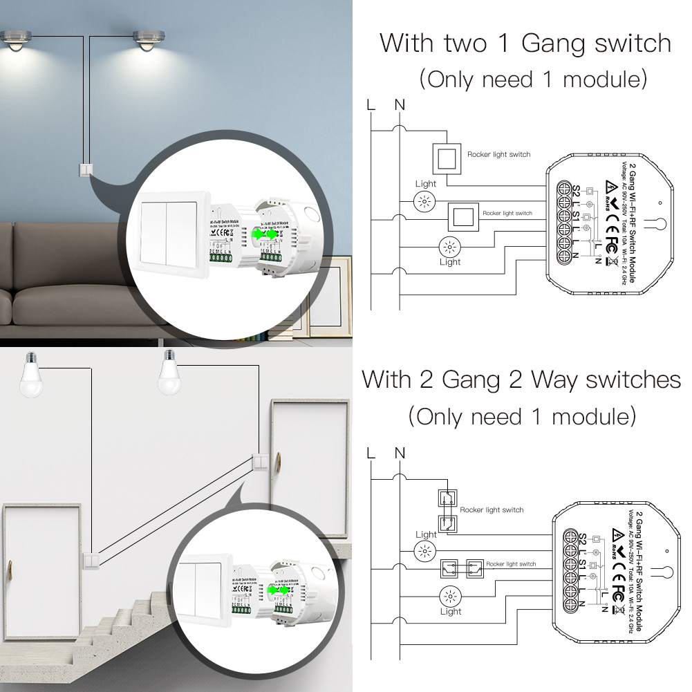 2 gang WiFi+RF433 Light Switch Module Mini Hidden Type